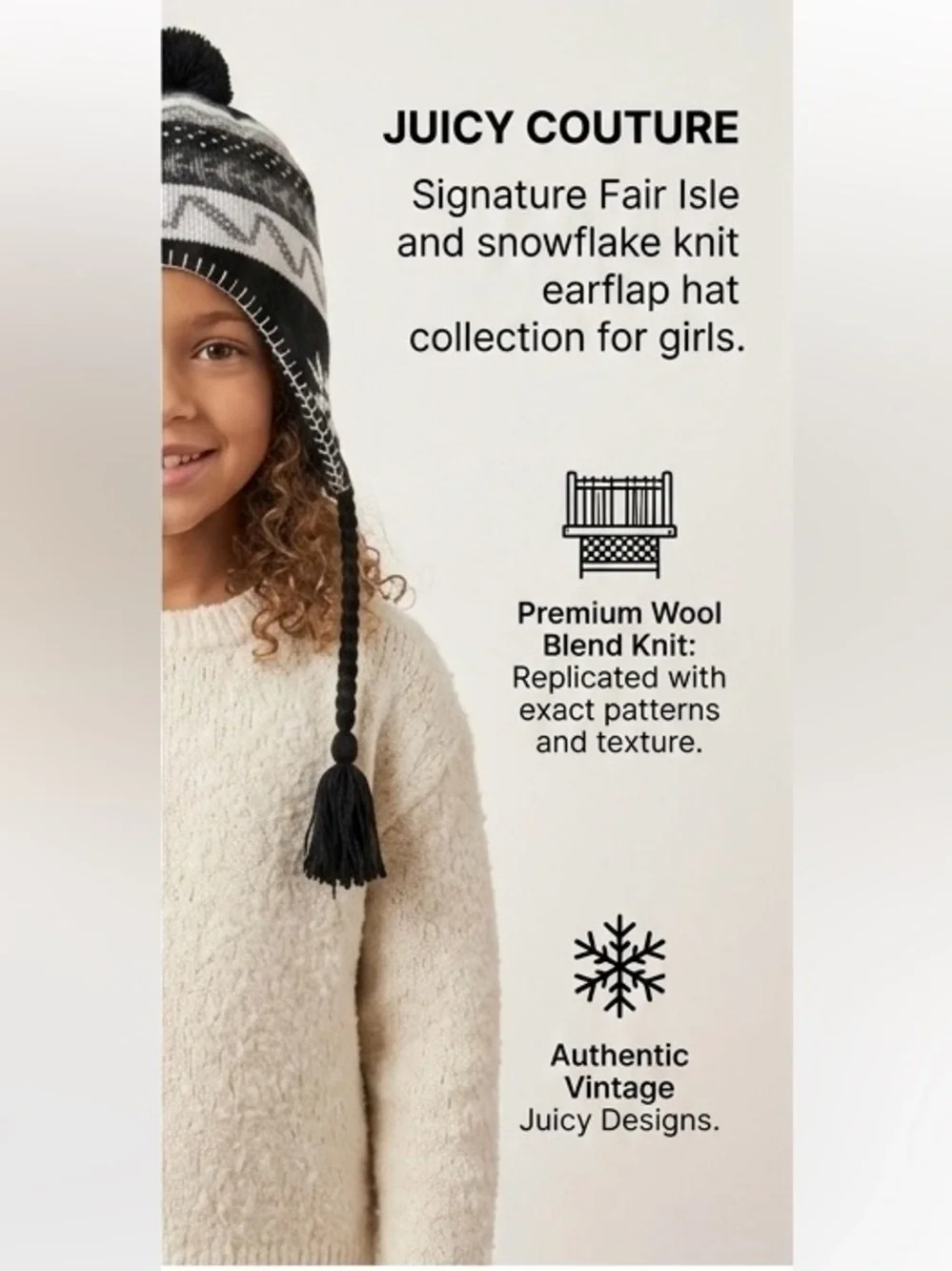 Lot of 2 Girls Winter Hats Juicy Couture Fair Isle Earflap Cashmere Knit Beanie